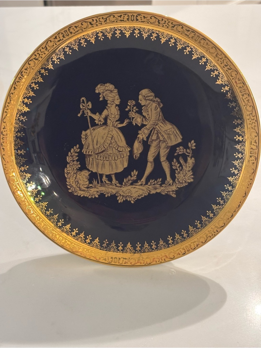 Cobalt Blue and Gold Decorative Porcelain Plate - Romantic Scene Accent